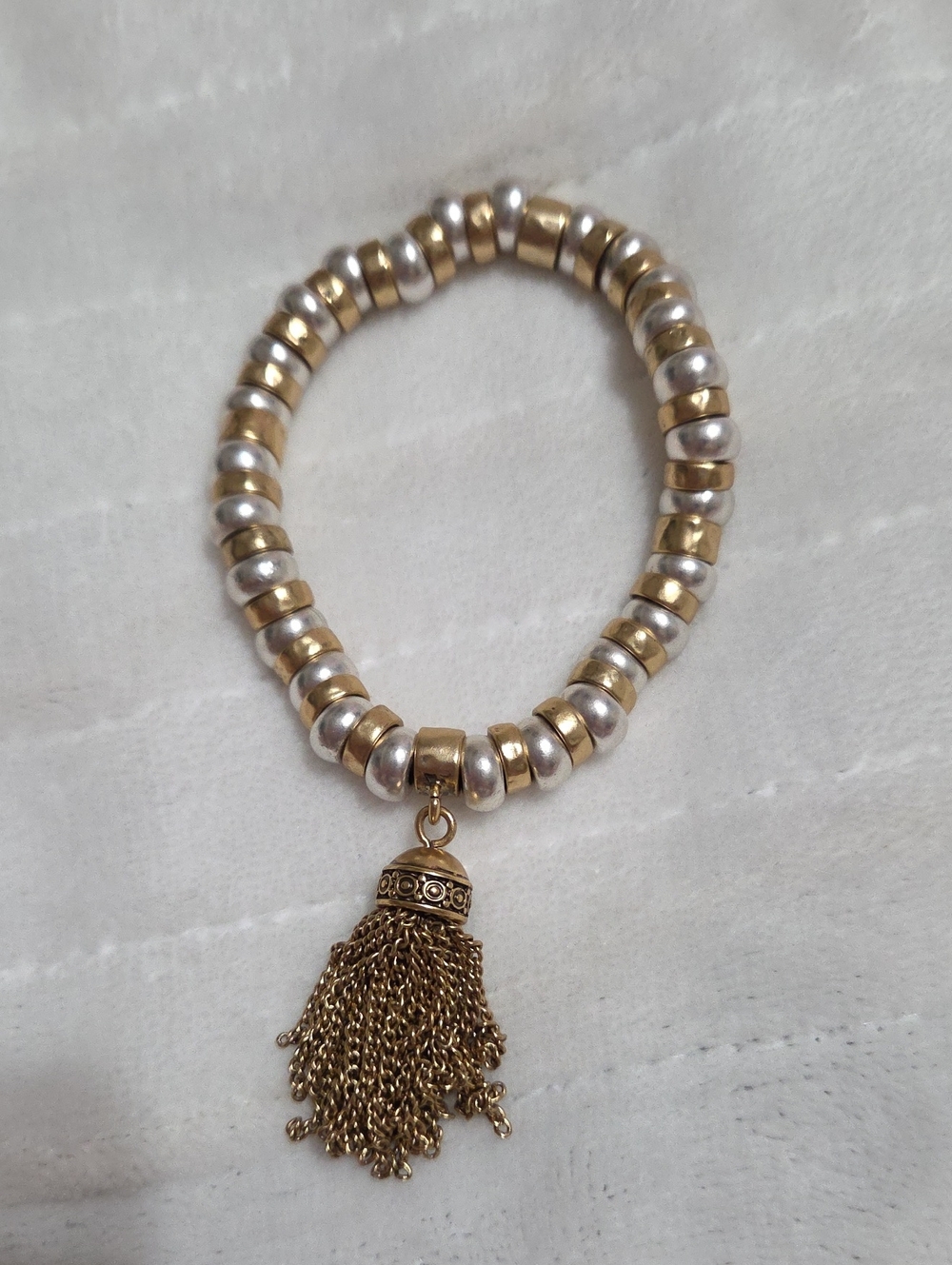 Chico's Gold and Silver Beaded Stretch Bracelet with Tassel